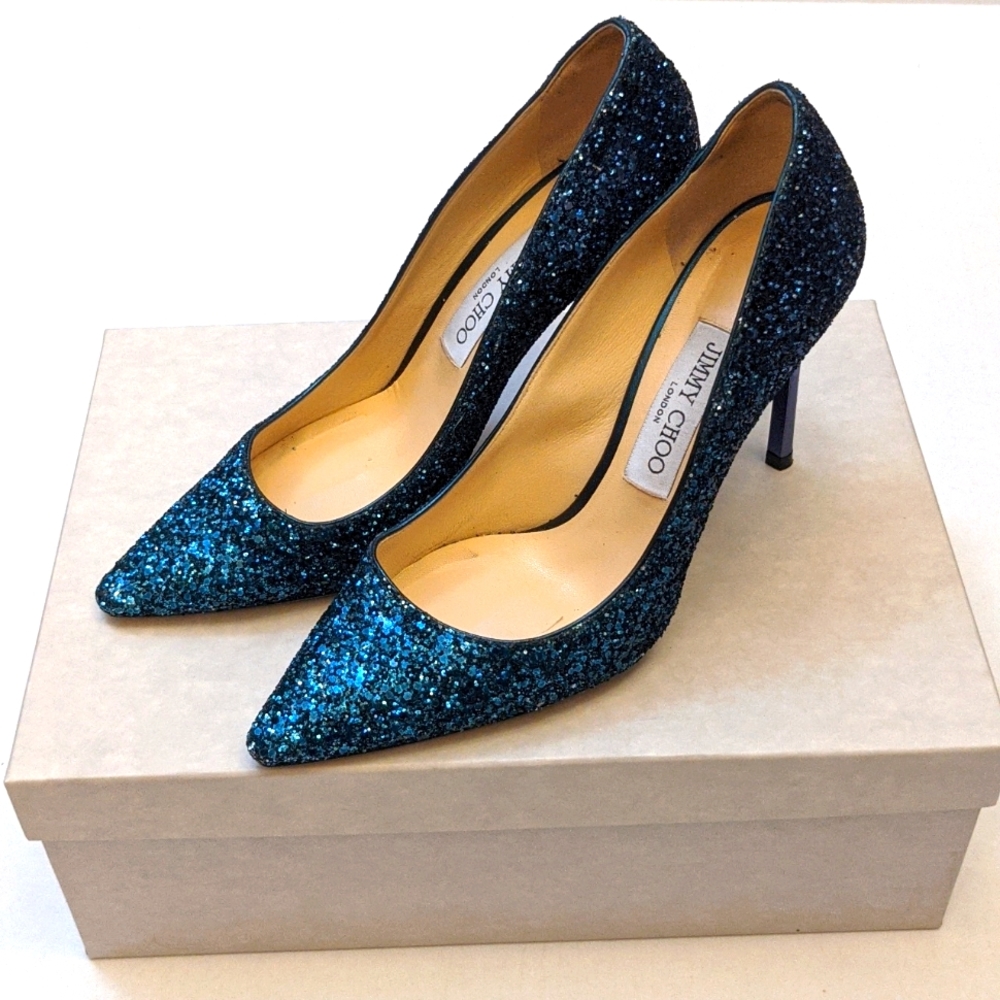 Jimmy Choo Teal Glitter Pointed Toe Pumps - Picture 2 of 10